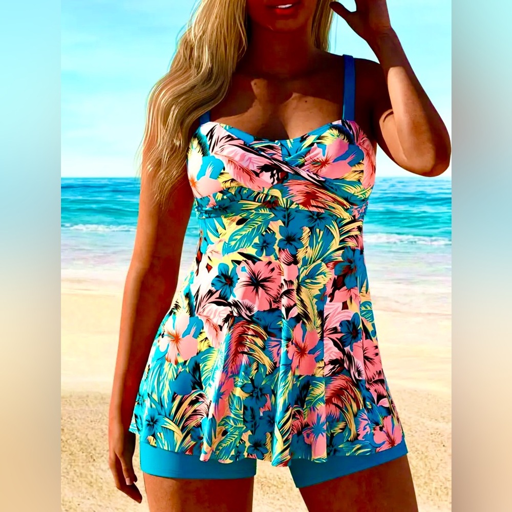 NEW 2 Piece Swim Tankini Set, turquoise floral #SW-T2-0041